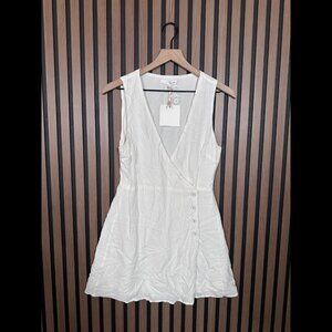 New Honey Belle Dress Medium White A Line V Neck Exposed Button Linen Flax